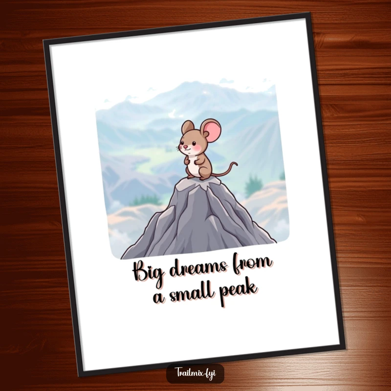 Funny free printable wall art: A cheerful mouse stands atop a mountain peak, gazing out at a vast, scenic landscape.