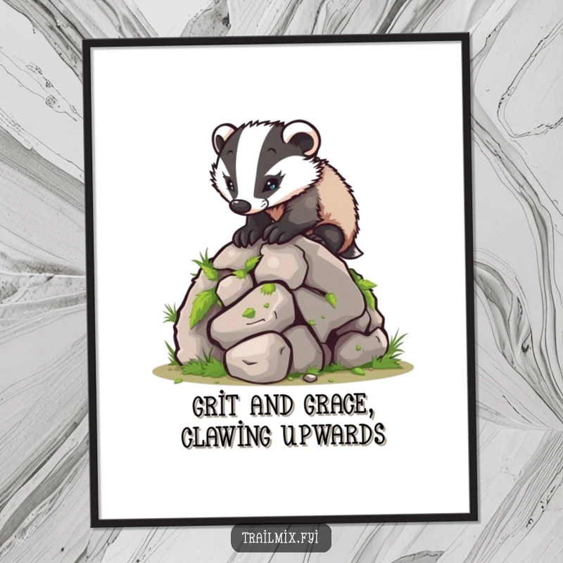 Funny Free Printable Wall Art: Determined badger vigorously climbs a mossy boulder, embodying perseverance with humor.