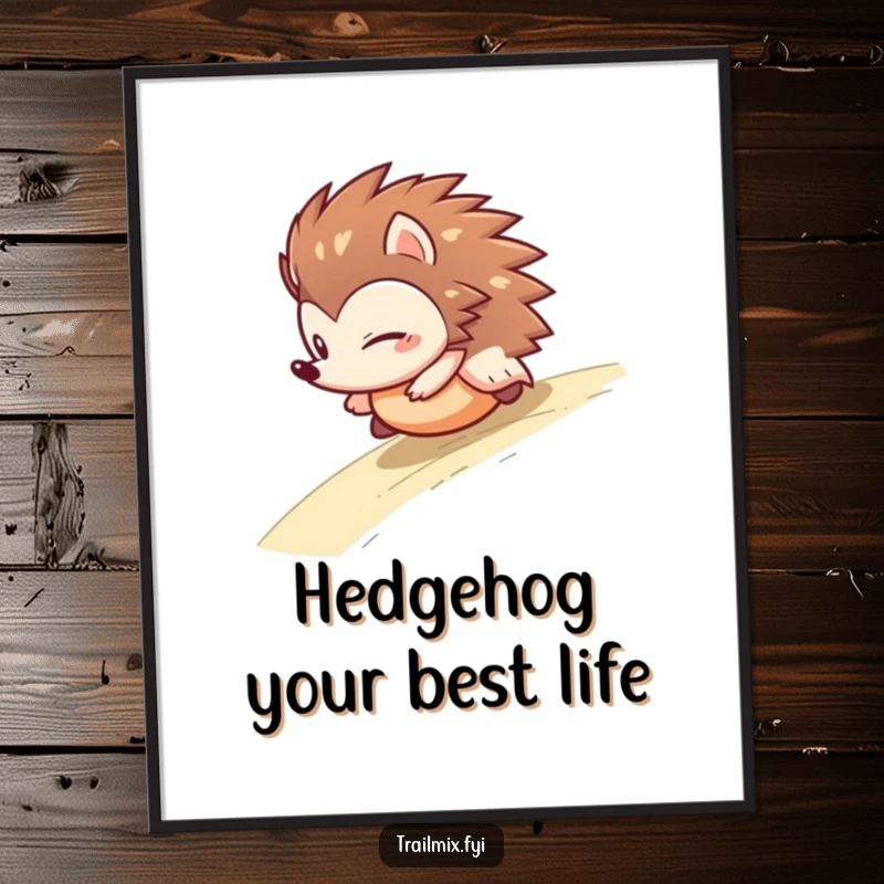 Funny Free Printable Wall Art: Determined hedgehog captured mid-roll down a slope, embodying chaotic fun and adventure.