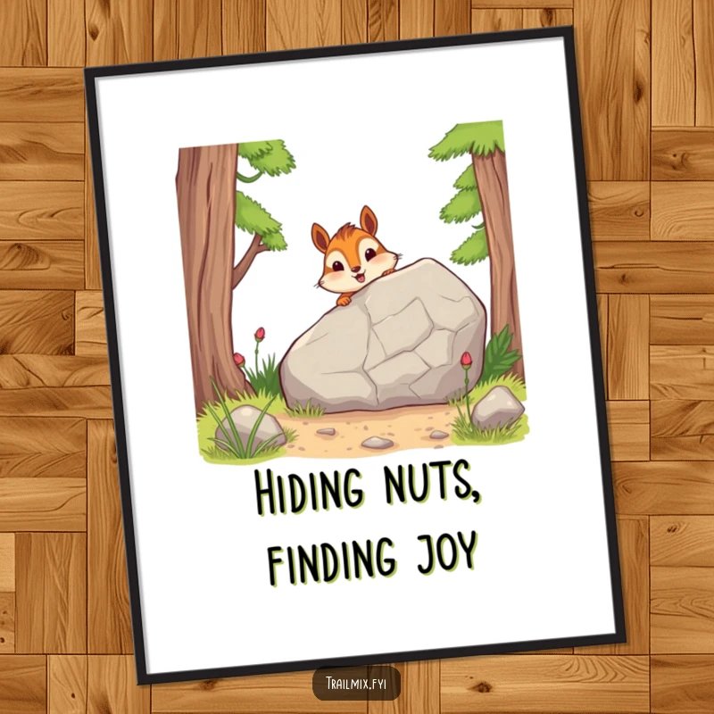 Funny Free Printable Wall Art: A cute and cheerful chipmunk character peeking from behind a large rock on a scenic trail.