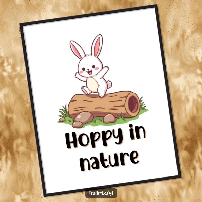 Funny Free Printable Wall Art: A jovial rabbit caught in a delightful hop over a small fallen log.