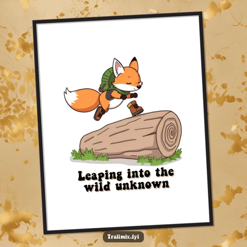 Funny Free Printable Wall Art: Playful fox wearing hiking boots gracefully leaps over a fallen log with ease.