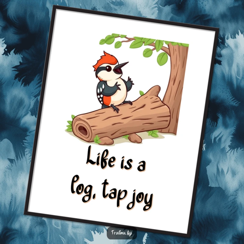 Funny Free Printable Wall Art: Happy woodpecker rhythmically tapping on a fallen log, natural art.