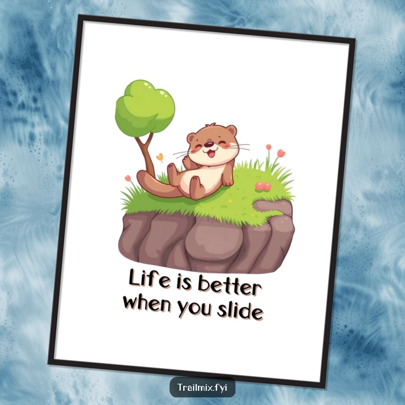 Funny Free Printable Wall Art: A playful otter character sliding down a grassy embankment with pure glee, adding fun.