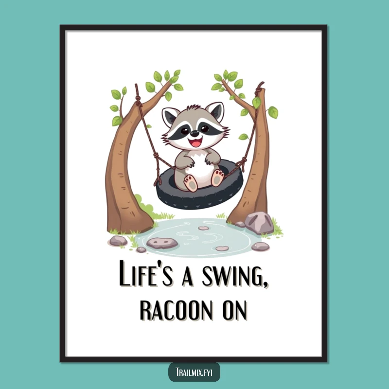 Free Printable Wall Art: Joyful Raccoon Swing Time - Funny Downloadable Art Gift