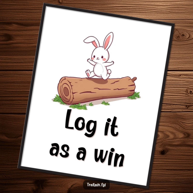 Funny Free Printable Wall Art: An energetic cartoon bunny enthusiastically skips over a fallen log with a huge smile.