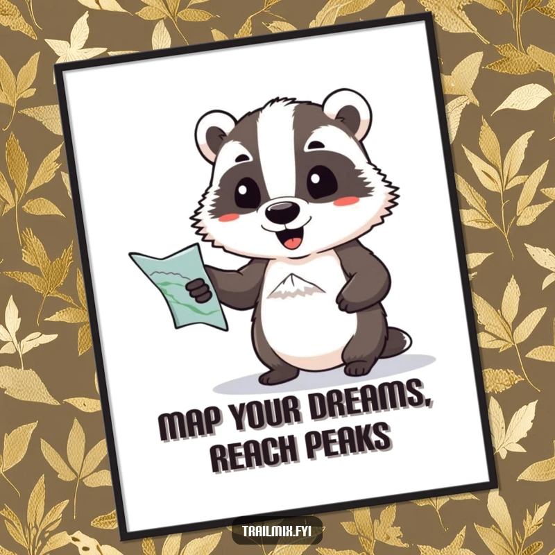 Funny free printable wall art showing a determined badger with a map, comically pointing towards a distant, challenging mountain peak.
