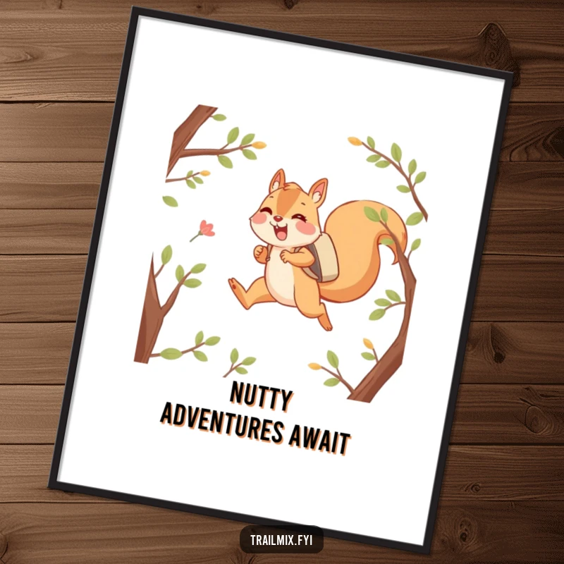 Funny Free Printable Wall Art: Happy squirrel character joyfully leaping between branches with a backpack, adventurous downloadable decor.