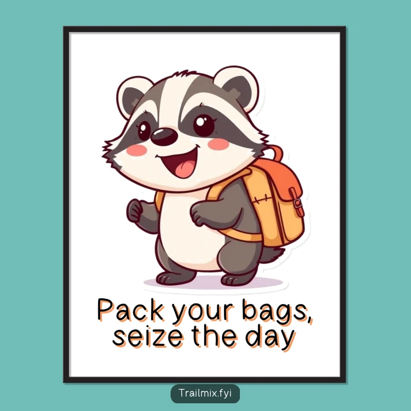 Funny Free Printable Wall Art: Smiling Badger with Knapsack, Downloadable Art