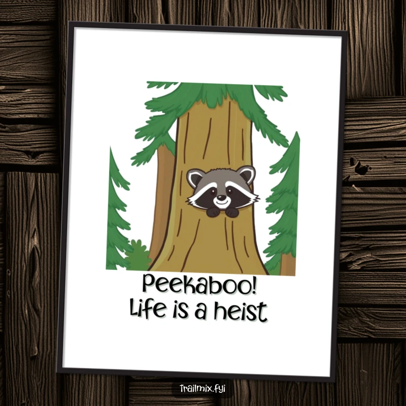 Funny Free Printable Wall Art: Giggling raccoon playfully peeks from behind a tall pine tree, adding charm.