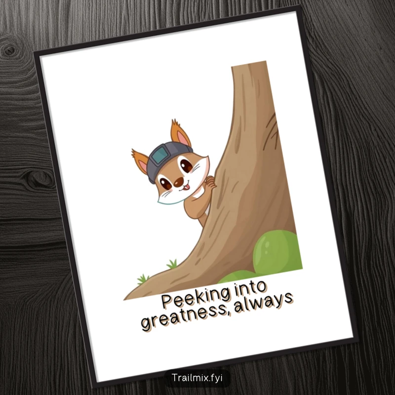 Funny Free Printable Wall Art: Curious squirrel wearing a headlamp excitedly peeks around a large tree, seeking fun.