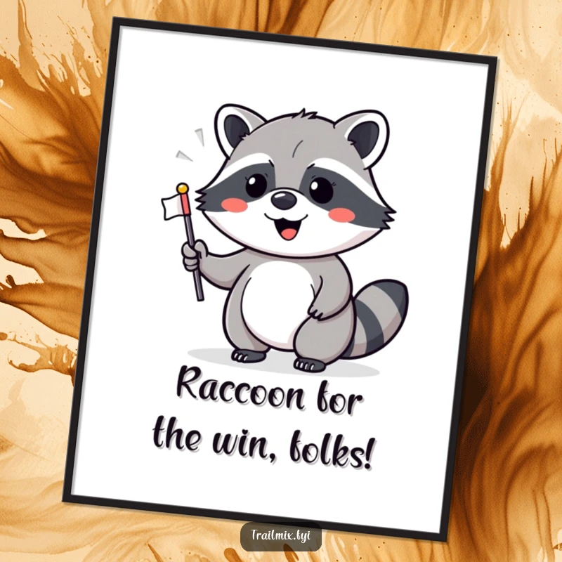 Funny Free Printable Wall Art: Cheerful raccoon waving a tiny flag, bringing festive vibes indoors.