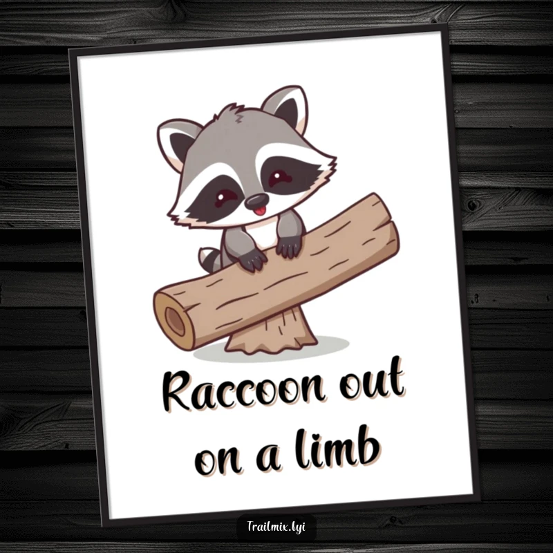 Funny Free Printable Wall Art: A playful raccoon comically attempting to balance on a log, adding a humorous and whimsical touch to wall decor.