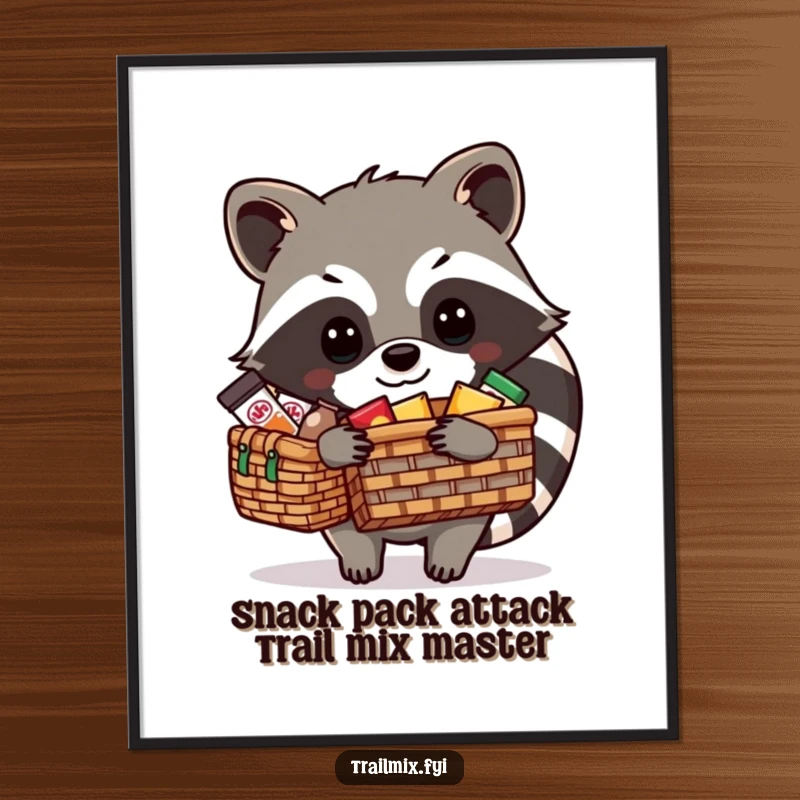 Funny Free Printable Wall Art: Resourceful raccoon carefully arranging tasty treats in a picnic basket.