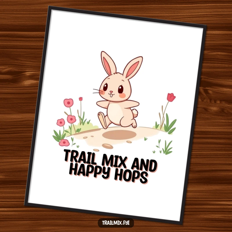 Funny Free Printable Wall Art depicting a playful rabbit character hopping energetically along a beautiful nature trail.