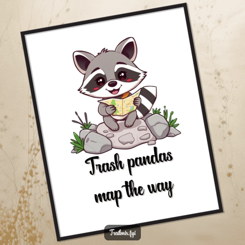 Funny Free Printable Wall Art: Happy raccoon with a map navigating a rocky path, adventurous spirit, downloadable art.
