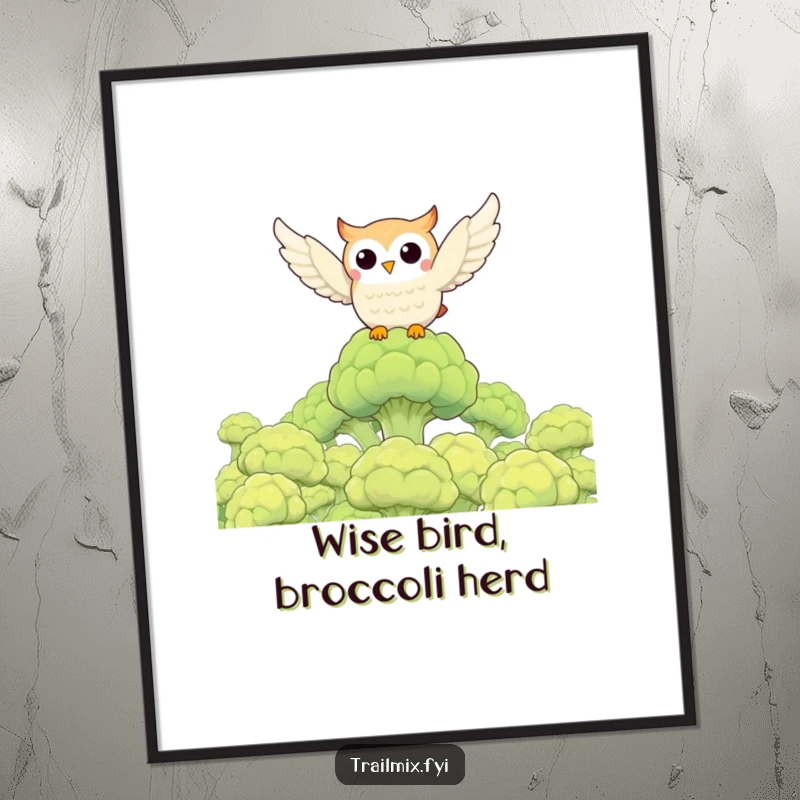 Funny Free Printable Wall Art: Cheerful owl soaring high above a whimsical forest of green broccoli florets, unique decor.