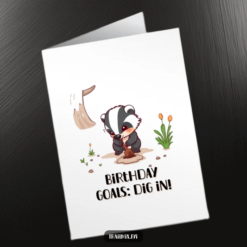 Funny Free Printable Birthday Card: Determined badger digging with focus, wishing a happy birthday.