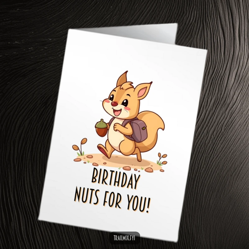 Free Printable Birthday Card: A happy squirrel bounding with acorns like tiny backpacks on a trail.