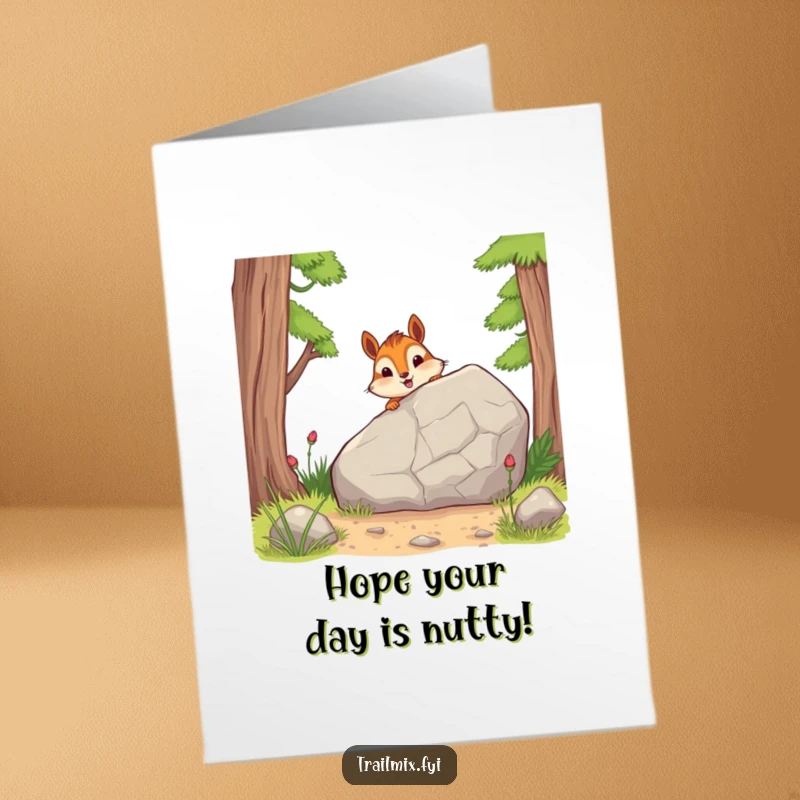 Funny Free Printable Birthday Card: Cheerful chipmunk character peeking curiously from behind a large trail rock, wishing a happy birthday.
