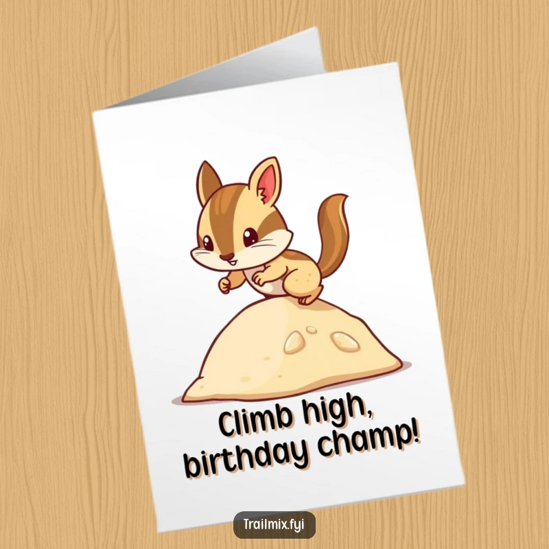 Funny Free Printable Birthday Card: Determined chipmunk climbing a hill with birthday hat, ready to deliver wishes.