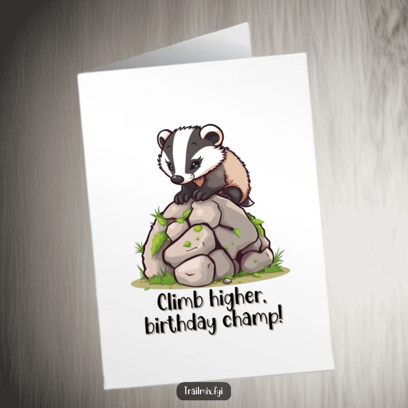Funny Free Printable Birthday Card: Determined badger scales a mossy boulder, ready to party like a boss.