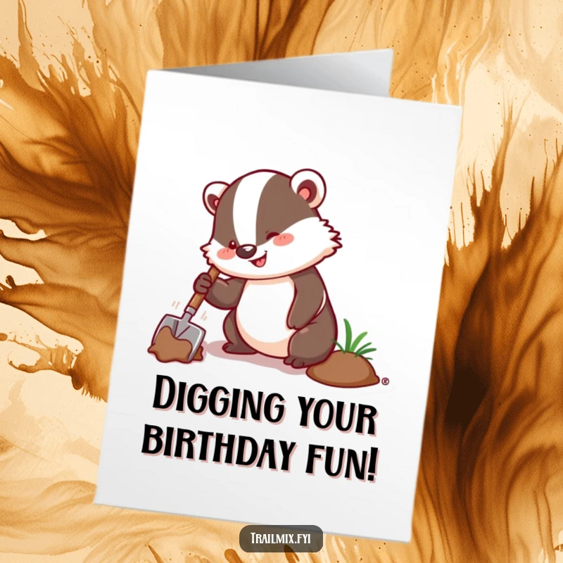 Funny Free Printable Birthday Card: A happy badger character digging with a trowel, ready to unearth birthday fun.
