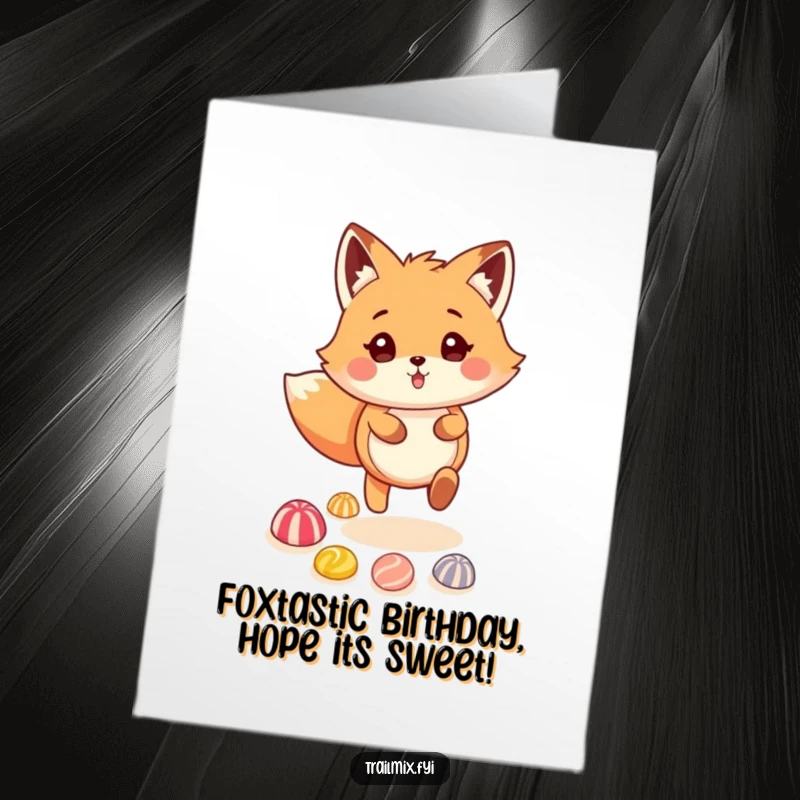 Funny Free Printable Birthday Card: Fluffy fox skipping joyfully on a trail of colorful candies, celebrating with sweetness.