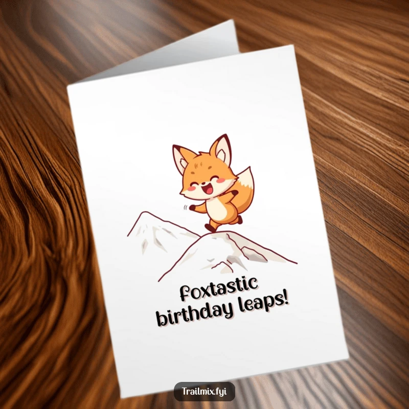 Funny Free Printable Birthday Card: Delighted fox playfully bounding up a mountain slope, full of birthday excitement.