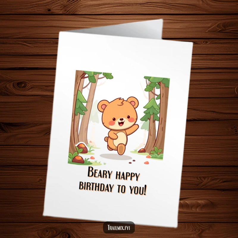 Funny Free Printable Birthday Card: A happy bear cub skipping joyfully along a sun-dappled forest path.