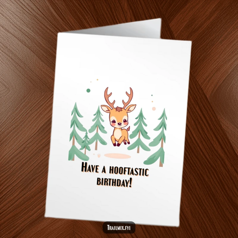 Funny Free Printable Birthday Card of a cheerful deer character frolicking through abstract pine trees, radiating pure joy and nature vibes.