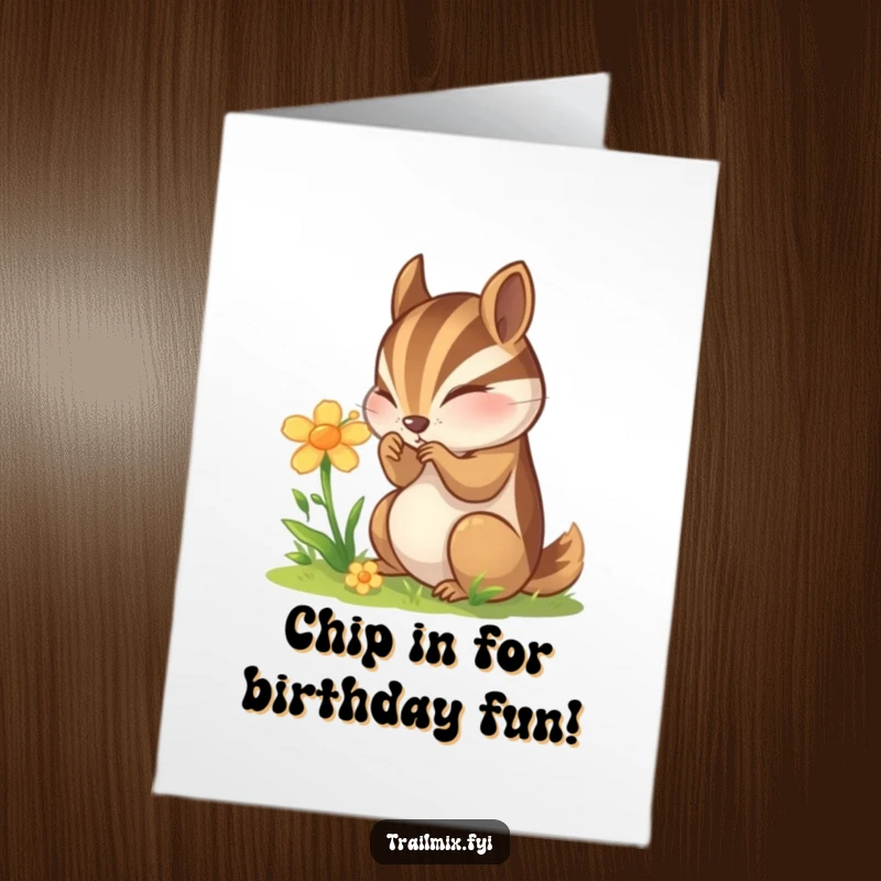 Funny Free Printable Birthday Card: Curious chipmunk closely examining a vibrant wildflower with wide eyes.