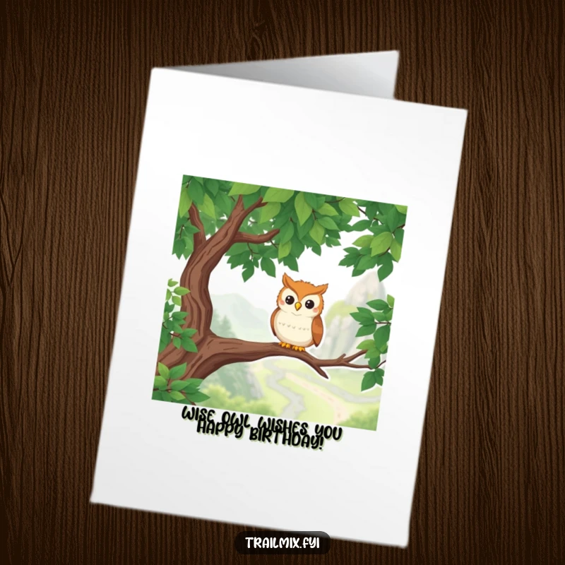 Funny free printable birthday card: Smiling owl hiker perches on a branch, overlooking a scenic trail, ready to deliver birthday wishes.