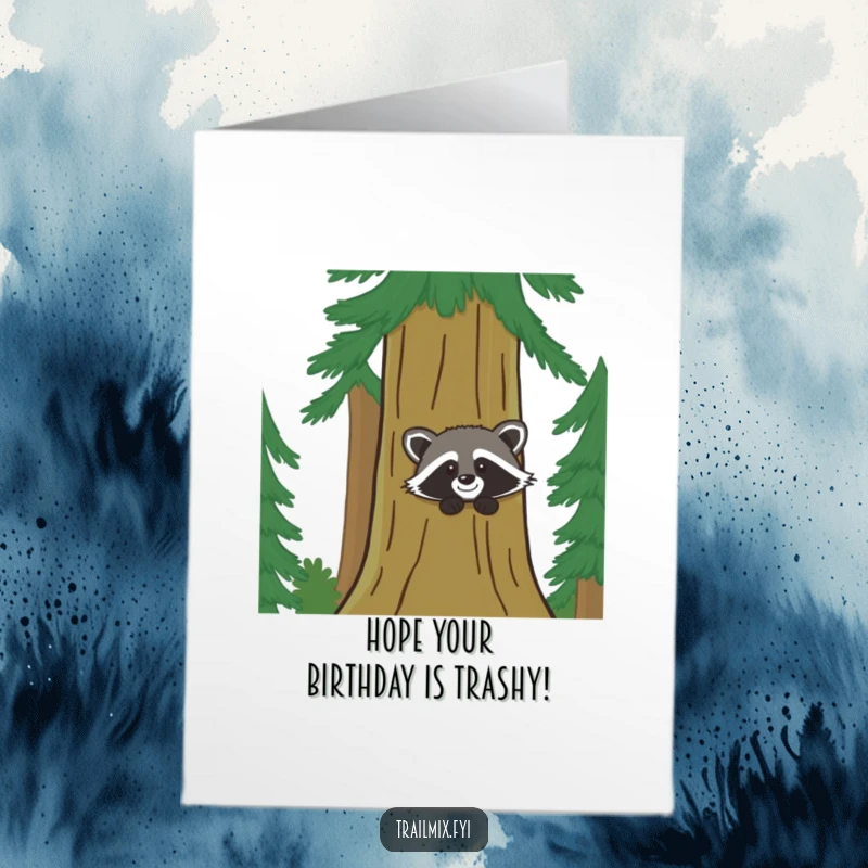 Funny Free Printable Birthday Card: Giggling raccoon pops out from behind a pine tree, ready for cake.