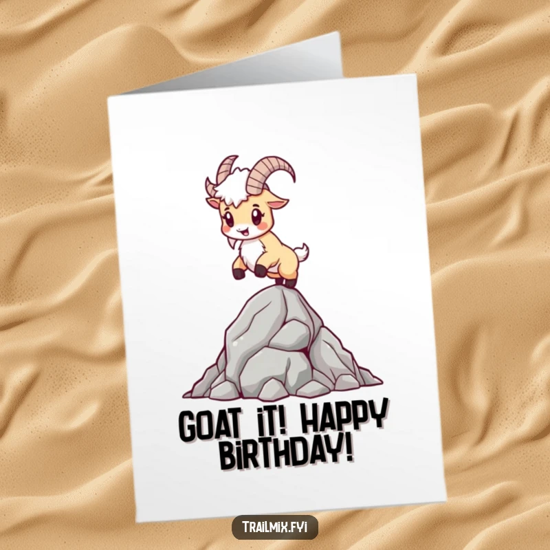 Funny free printable birthday card: Determined mountain goat balances expertly on a rocky outcrop, celebrating a birthday.