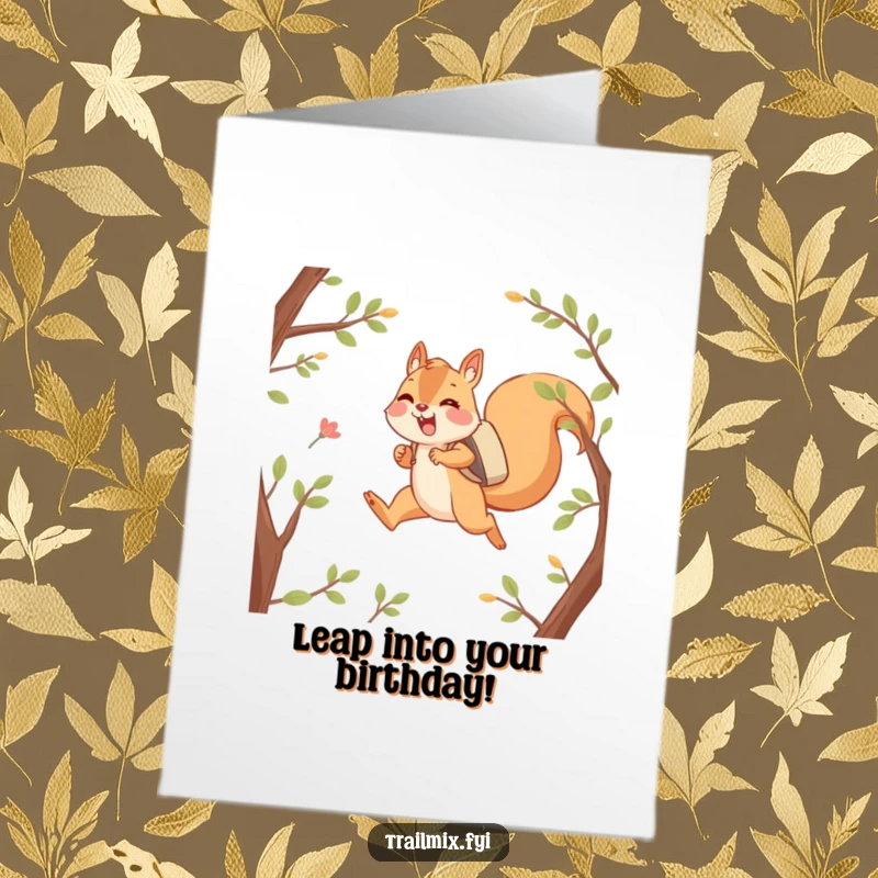 Funny Free Printable Birthday Card: Happy squirrel character joyfully leaping between branches with a backpack, a delightful DIY gift.