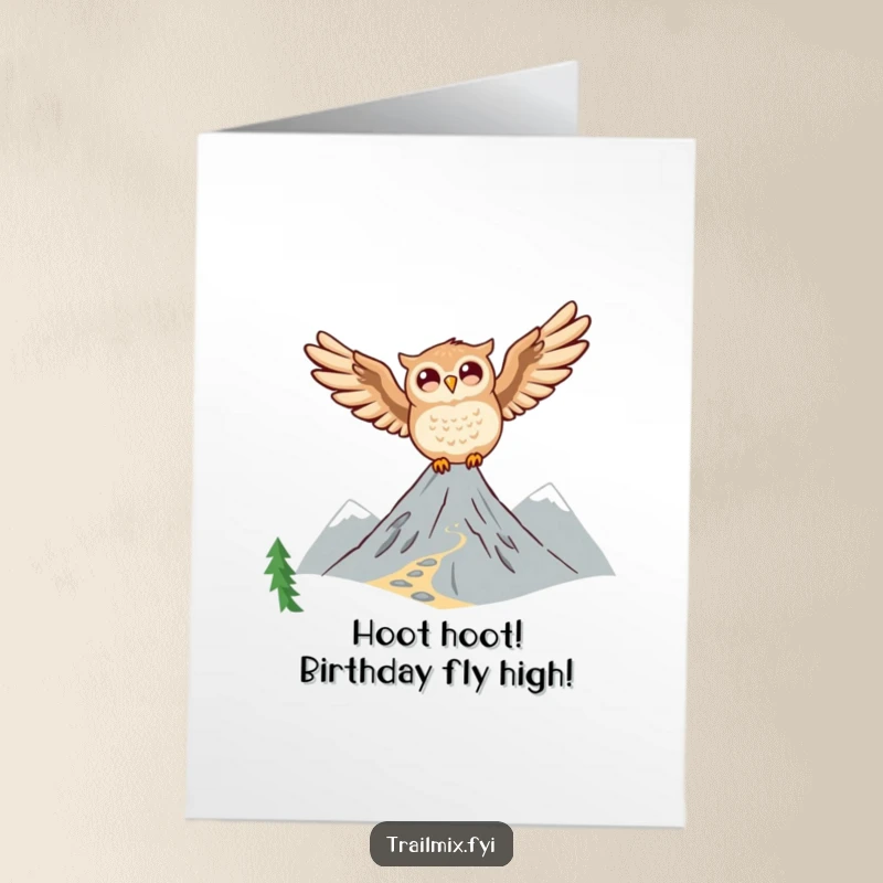 Funny Free Printable Birthday Card: Joyful owl with big eyes soaring gracefully over mountains.