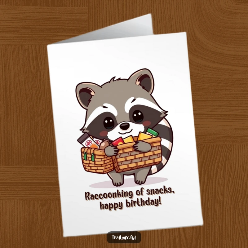 Funny Free Printable Birthday Card: Raccoon artistically packing picnic goodies with focus and resourcefulness.