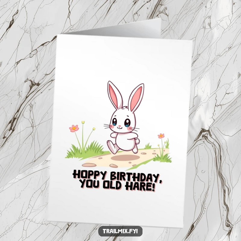 Funny Free Printable Birthday Card: Playful bunny hopping with wide eyes, enthusiastic birthday greeting, downloadable art.