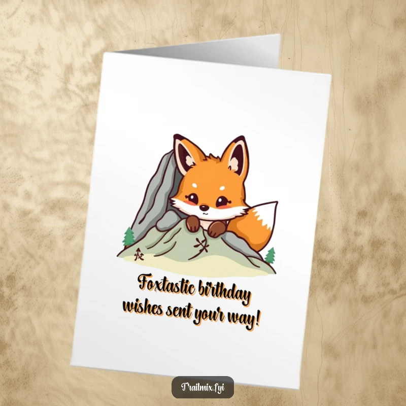 Funny Free Printable Birthday Card: Curious fox peeking over mountain, wide-eyed with birthday surprise, downloadable art.