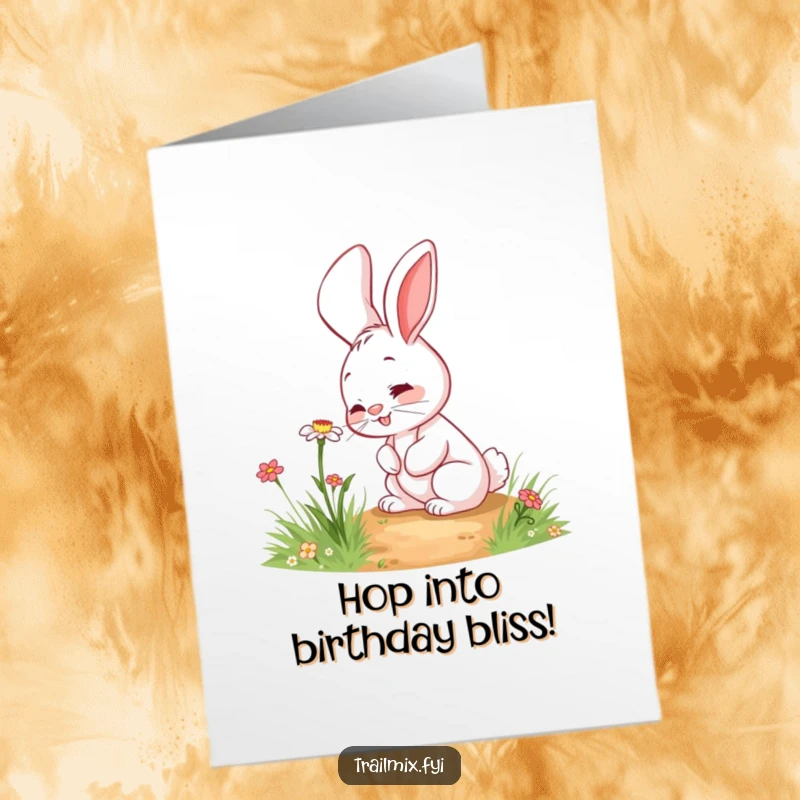 Funny Free Printable Birthday Card: Giggling rabbit curiously sniffing a wildflower on a path, spreading birthday joy.