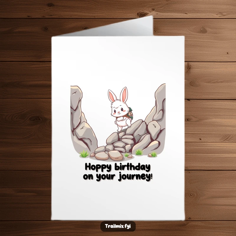Funny Free Printable Rabbit Birthday Card: Fluffy rabbit adventurer scrambling up a rocky path.
