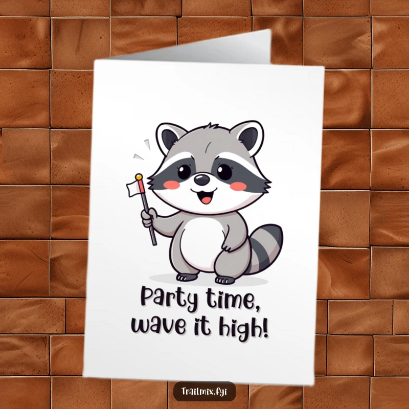 Funny Free Printable Birthday Card: Cheerful raccoon waving a tiny flag, announcing birthday joy.