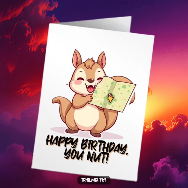 Free Printable Birthday Card: A cheerful squirrel holding a tiny map aloft, excitedly planning birthday adventures.
