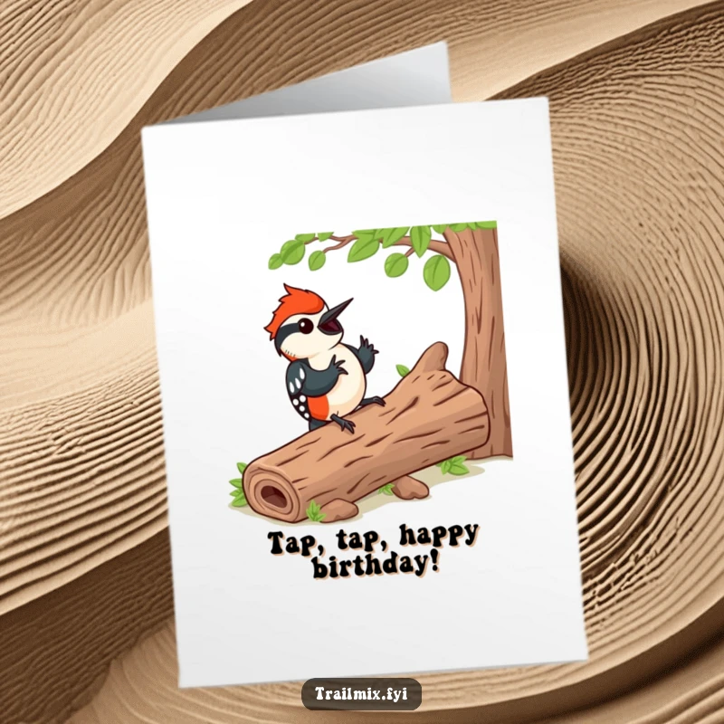 Funny Free Printable Birthday Card: Happy woodpecker tapping a rhythm on a log, celebrating joyfully.