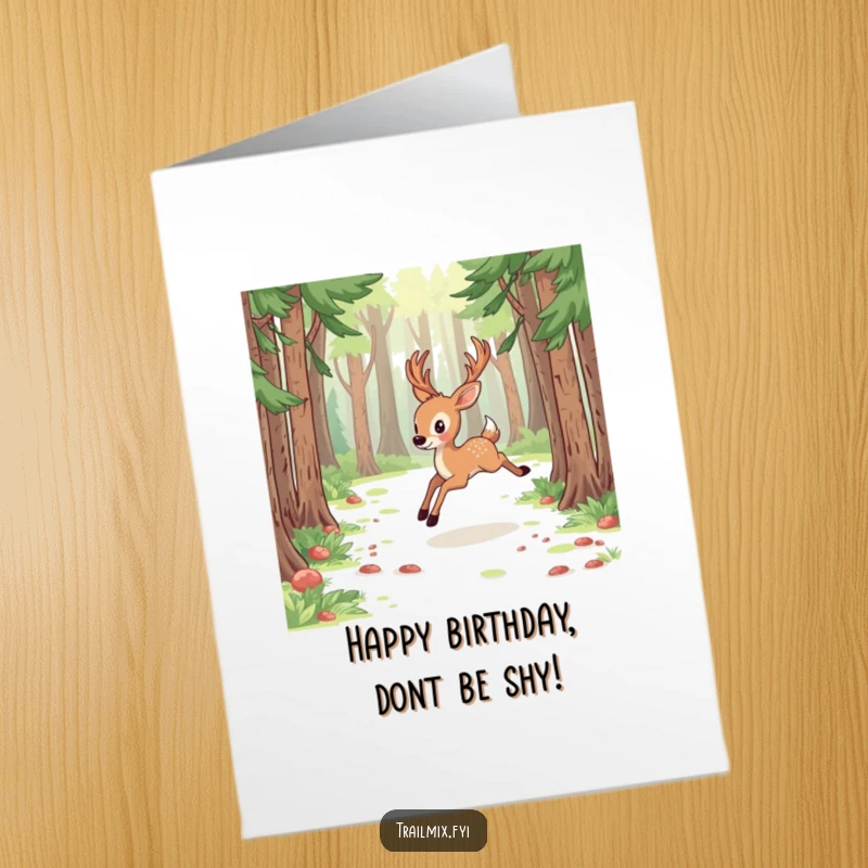 Free Printable Birthday Card: An energetic deer bounds joyfully through a sunlit forest clearing, celebrating.