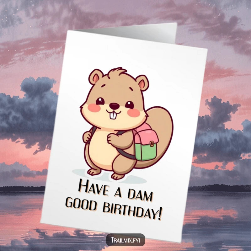 Funny Free Printable Birthday Card: A cheerful beaver character with a tiny backpack, ready for birthday fun.