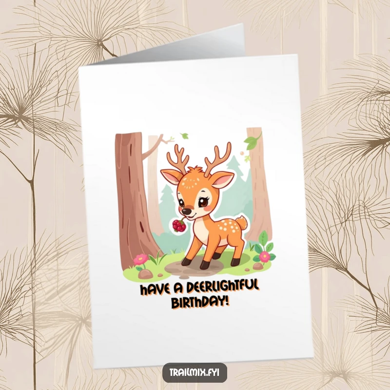 Free Printable Birthday Card: A playful deer nibbling a forest berry while pausing on a path.