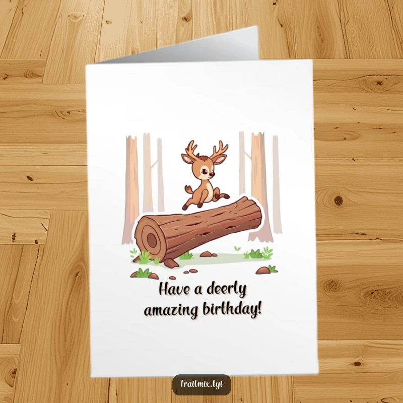 Funny Free Printable Birthday Card shows a determined deer leaping gracefully over a fallen log with style.