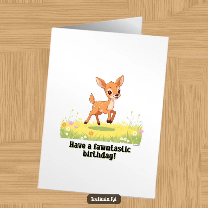 Funny Free Printable Birthday Card: A gleeful deer fawn bounding playfully through a sunlit meadow.